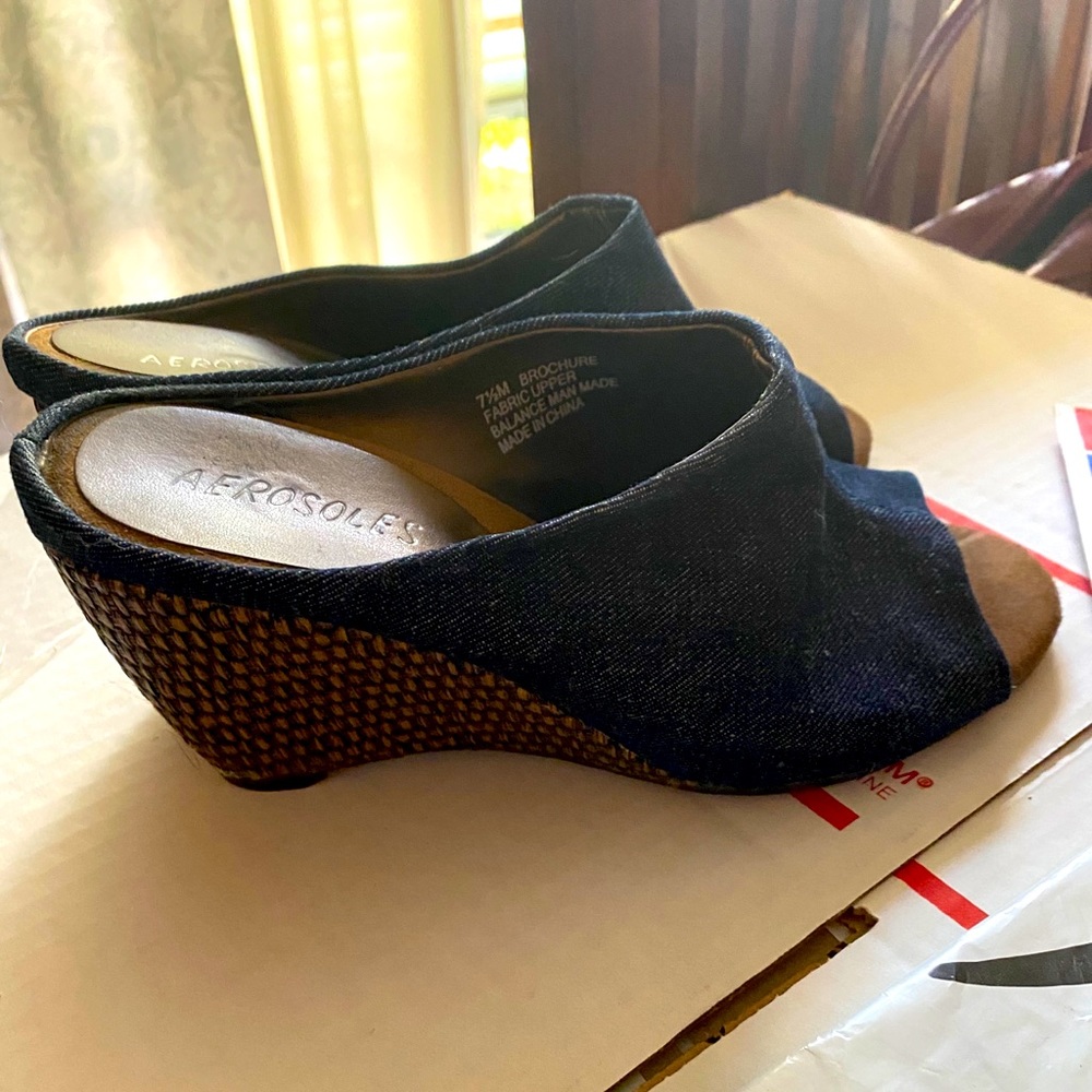 Denim Slip On Wedge. Navy denim slip on shoes